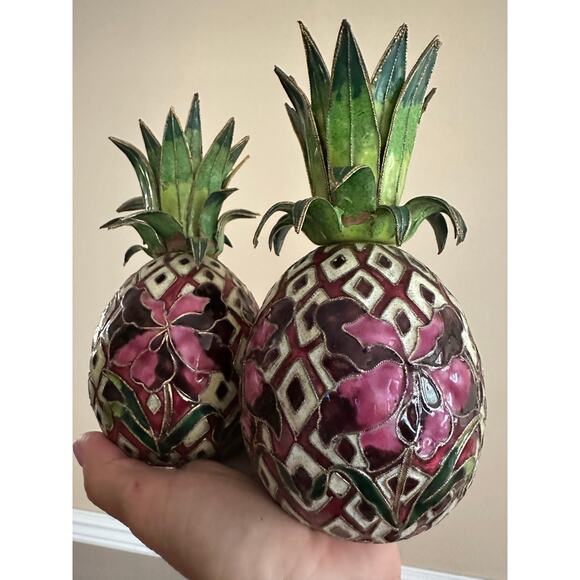 2 Vintage Cloisonné Enameled Pineapple Candlestick Holders Hollywood regency set - Picture 11 of 16